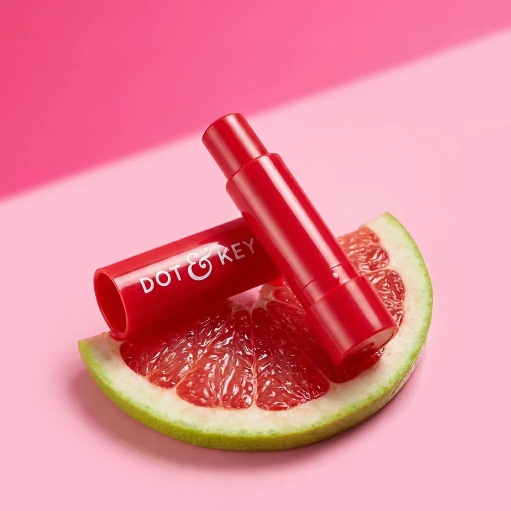 Lip balm on grapefruit, pink studio