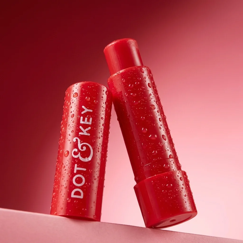 Water-droplet lip balm, moody red studio