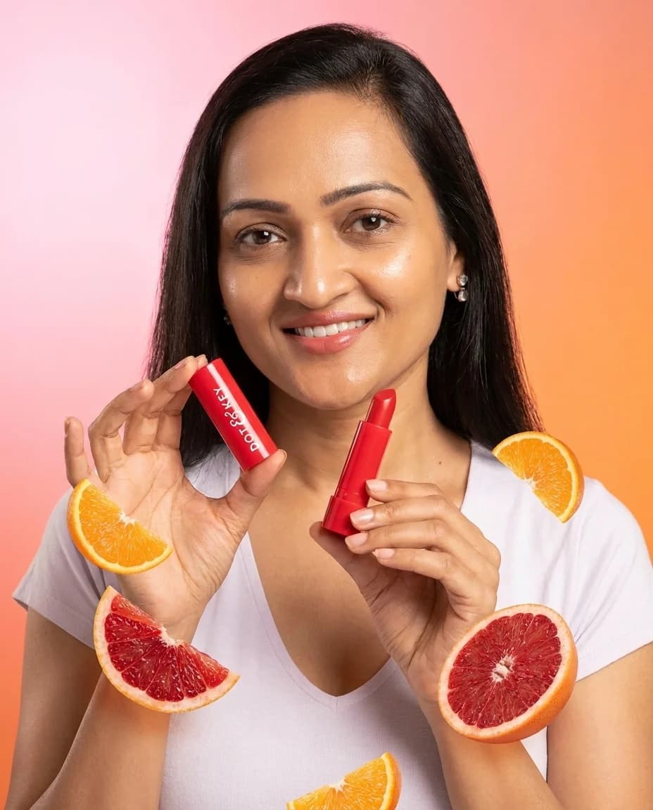 Model holding lip balm with citrus